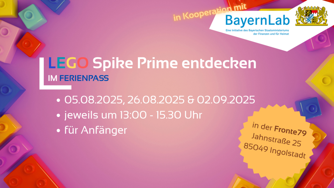 LEGO Spike Prime Workshops in den Sommerferien 2025 Werbeposter für den LEGO Spike Prime Workshop im Ferienpass Ingolstadt 2025